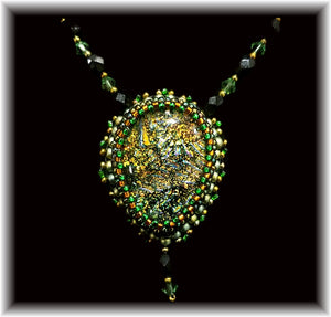 Gold Green Bead Embroidered Necklace