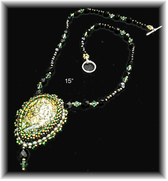 Gold Green Bead Embroidered Necklace